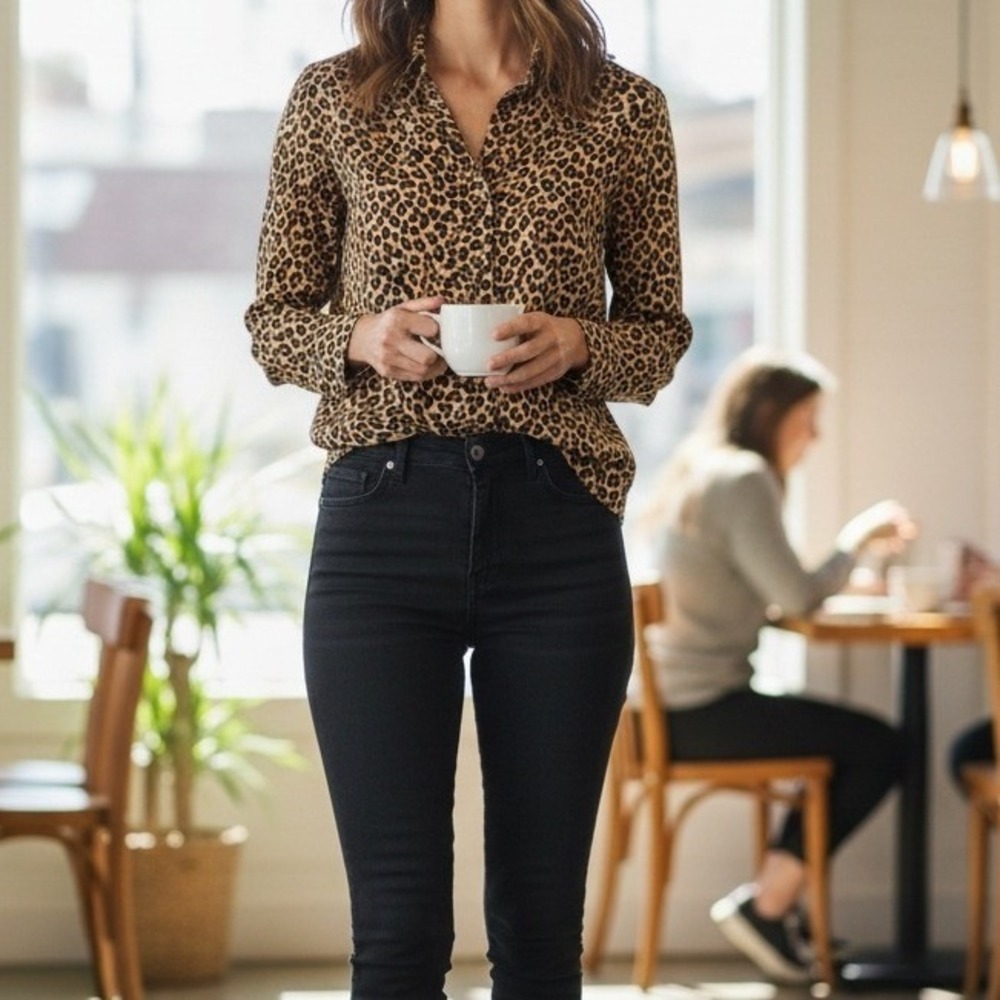 NOTATIONS CLOTHING CO Leopard Print Button‎ Up Sheer Long Sleeve Women's Size S